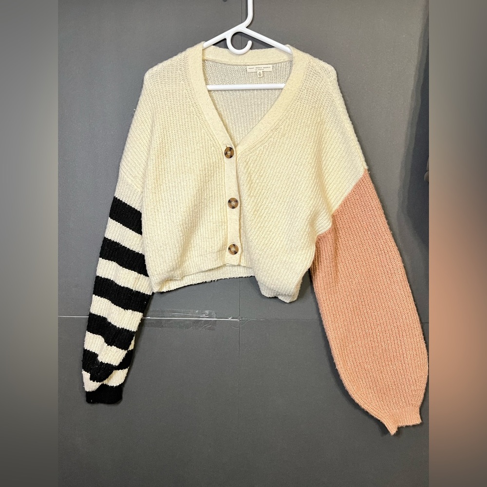 Truly Madly Deeply Colorblock Cropped Balloon Sleeve Cardigan Sweater Medium - Picture 1 of 3
